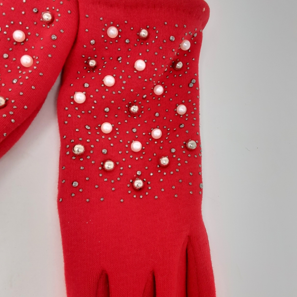 Red Pearl & Rhinestones Gloves - Picture 4 of 5